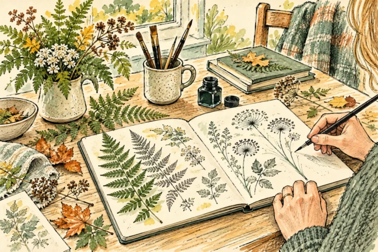 Ink and watercolour illustration of hands drawing ferns and flowers in an open sketchbook.