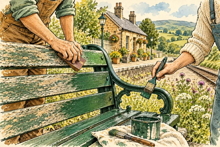Ink and watercolour illustration of volunteers restoring a green bench beside a rural station.