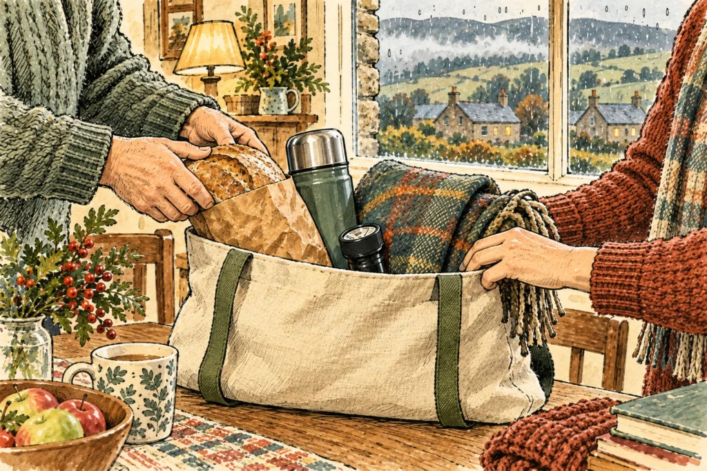 Ink and watercolour illustration of hands packing bread, a flask and a blanket into a community support bag.