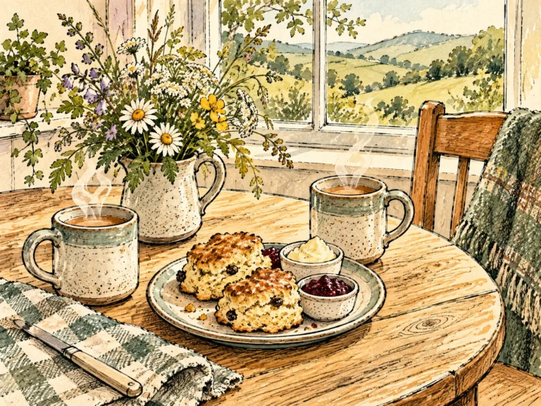 Ink and watercolour illustration of tea, scones and meadow flowers on a cosy café table.